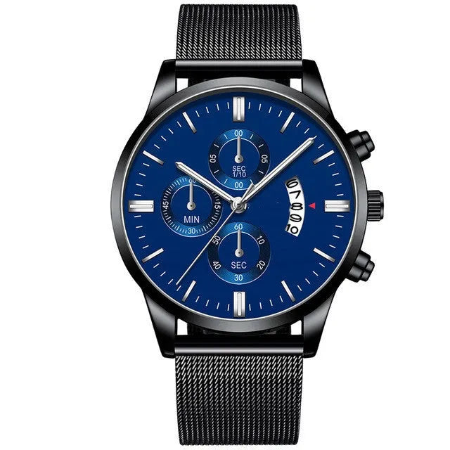 Men's stainless steel mesh band quartz watch showing analogue dial and choice of colour finishes.