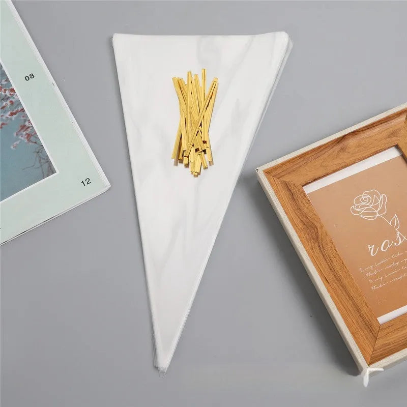 Transparent triangle plastic gift bags with built-in tie wire closures in three different sizes
