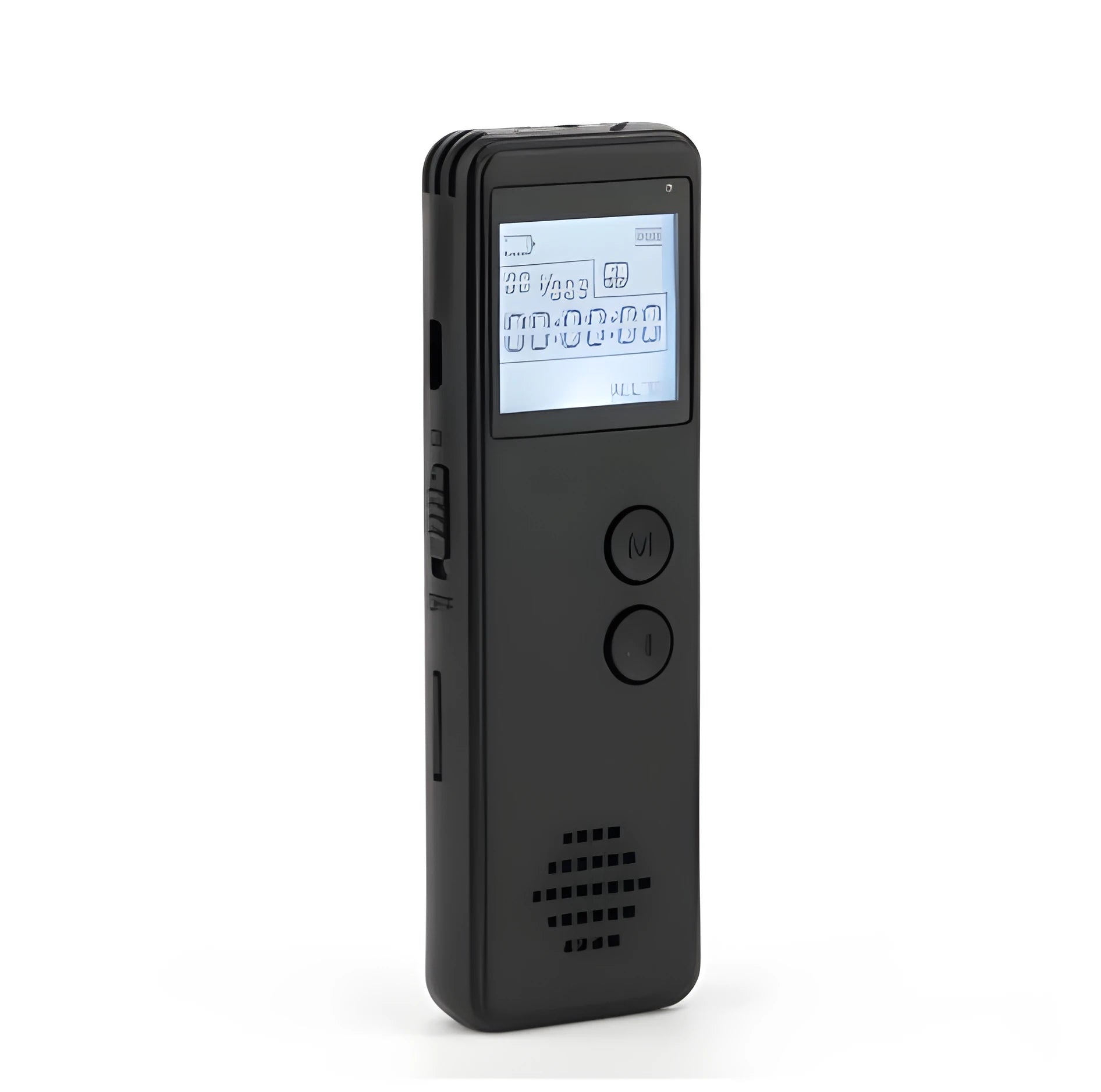 Matte black MP3 digital voice recorder showing screen, one-key recording button, and 3.5mm jack.