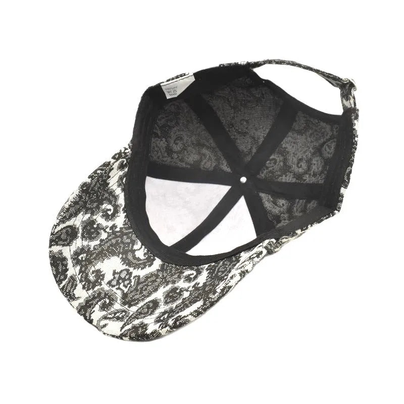 Blue polyester baseball cap with paisley pattern print and dome crown style