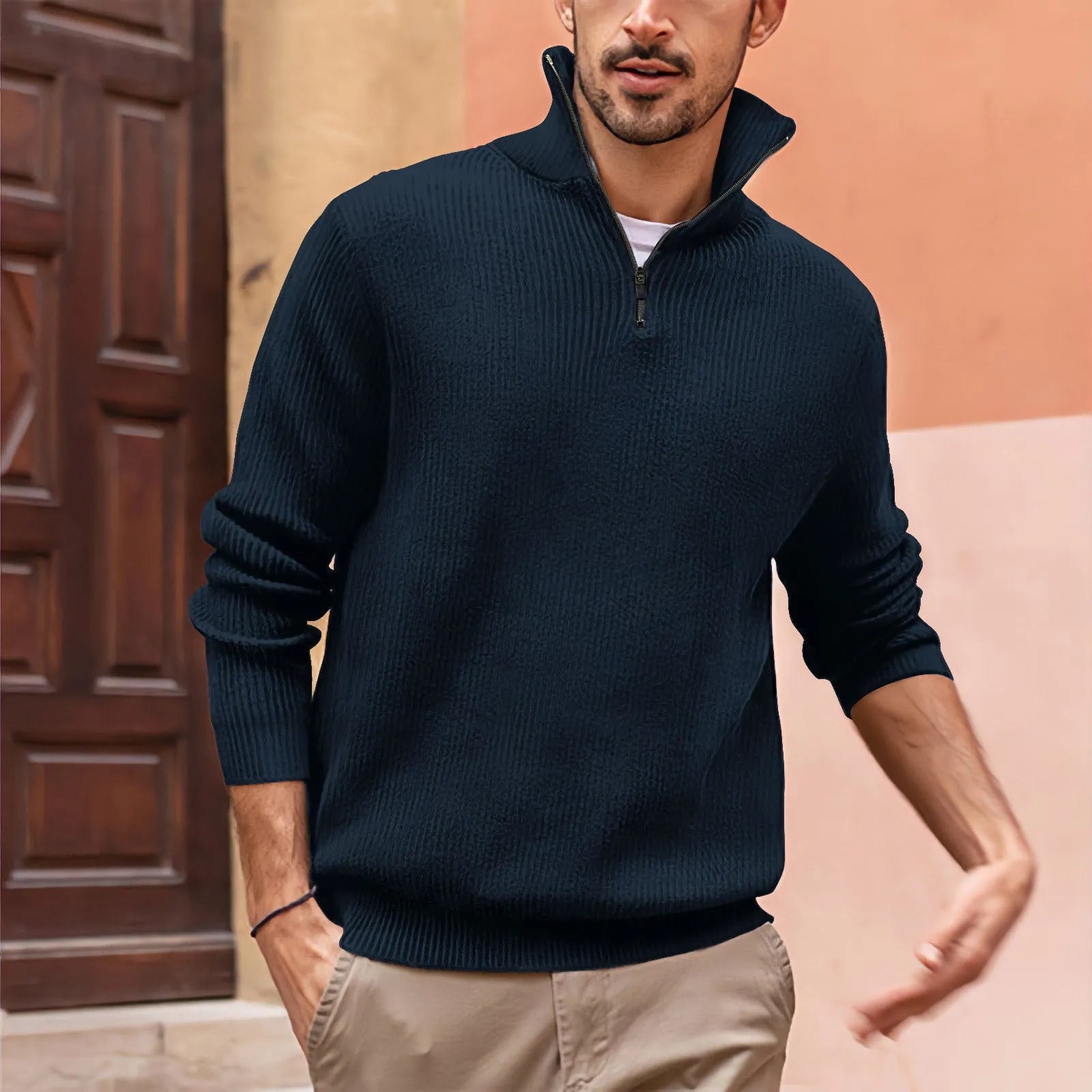 New POLO zip high neck men's polo shirt long sleeve loose fit stripes print chemical fibre blend black colour