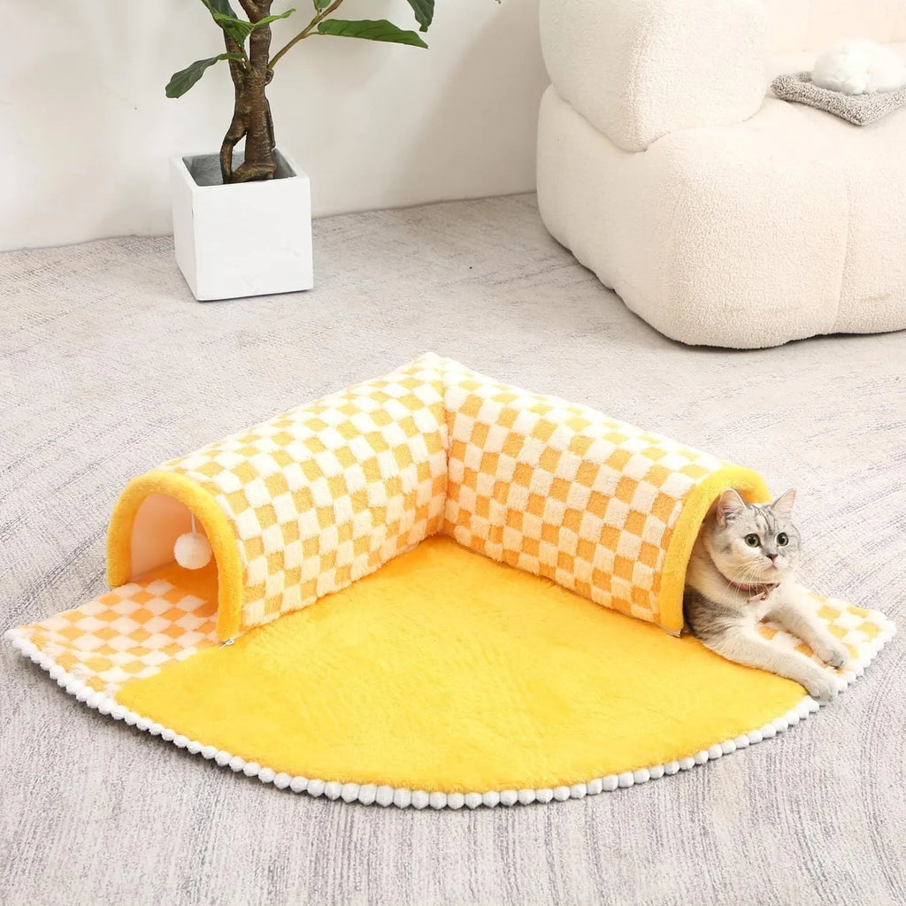 Fan-shaped plaid pet bed tunnel for dogs and cats showing sleeping mat and fabric tunnel
