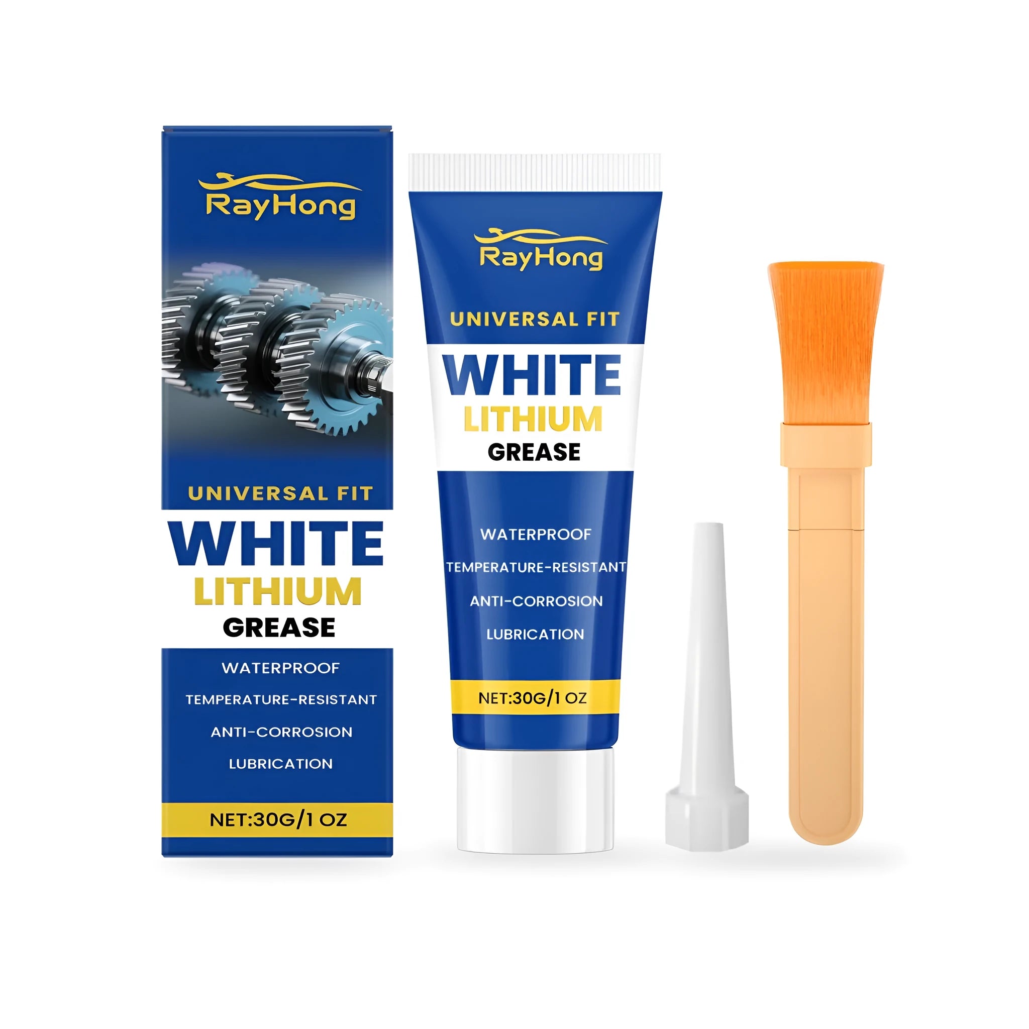 30g tube of white lithium grease with a brush and separate application tip for car maintenance.