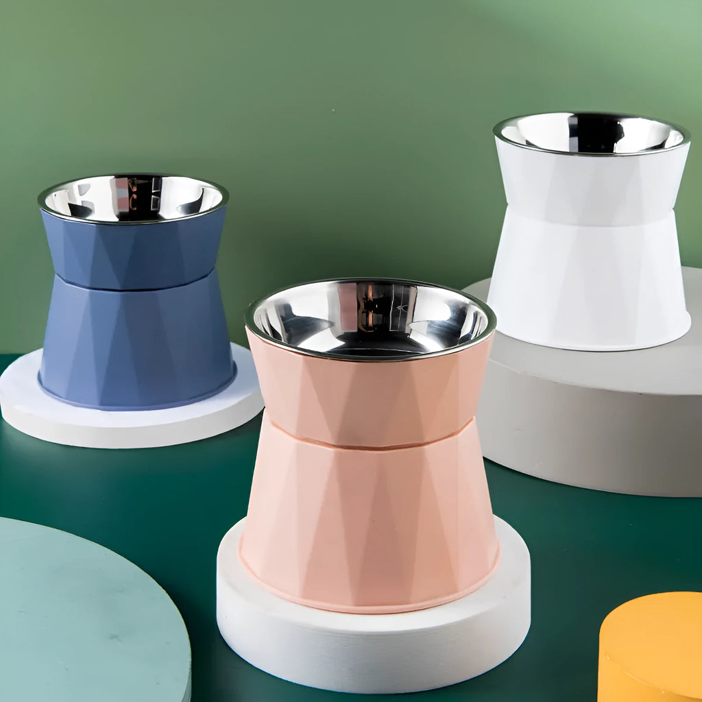 High foot pet stainless steel bowl for cats in blue, pink, and white colour options