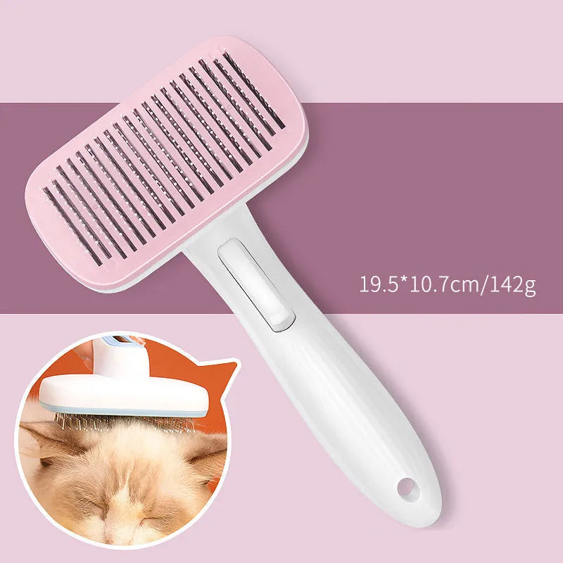 Automatic pet hair removal comb for dogs and cats showing colour options and dimensions