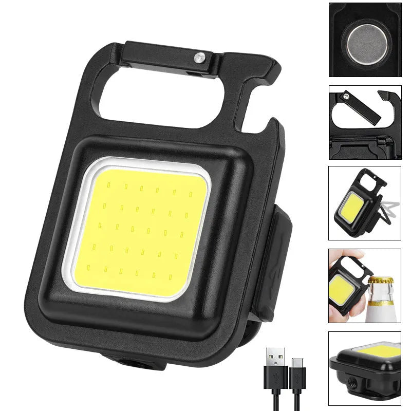 Black aluminium alloy USB rechargeable keychain torch with magnetic base and foldable handle