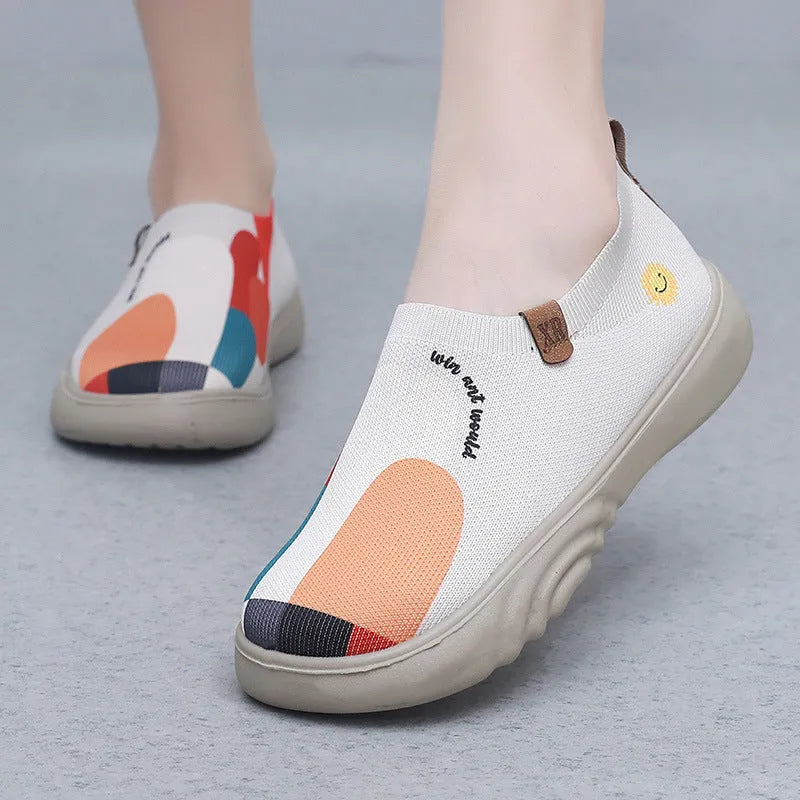 Women's hand-painted casual shoes with soft Flyknit upper, flat heel, round toe, in Milky White colour