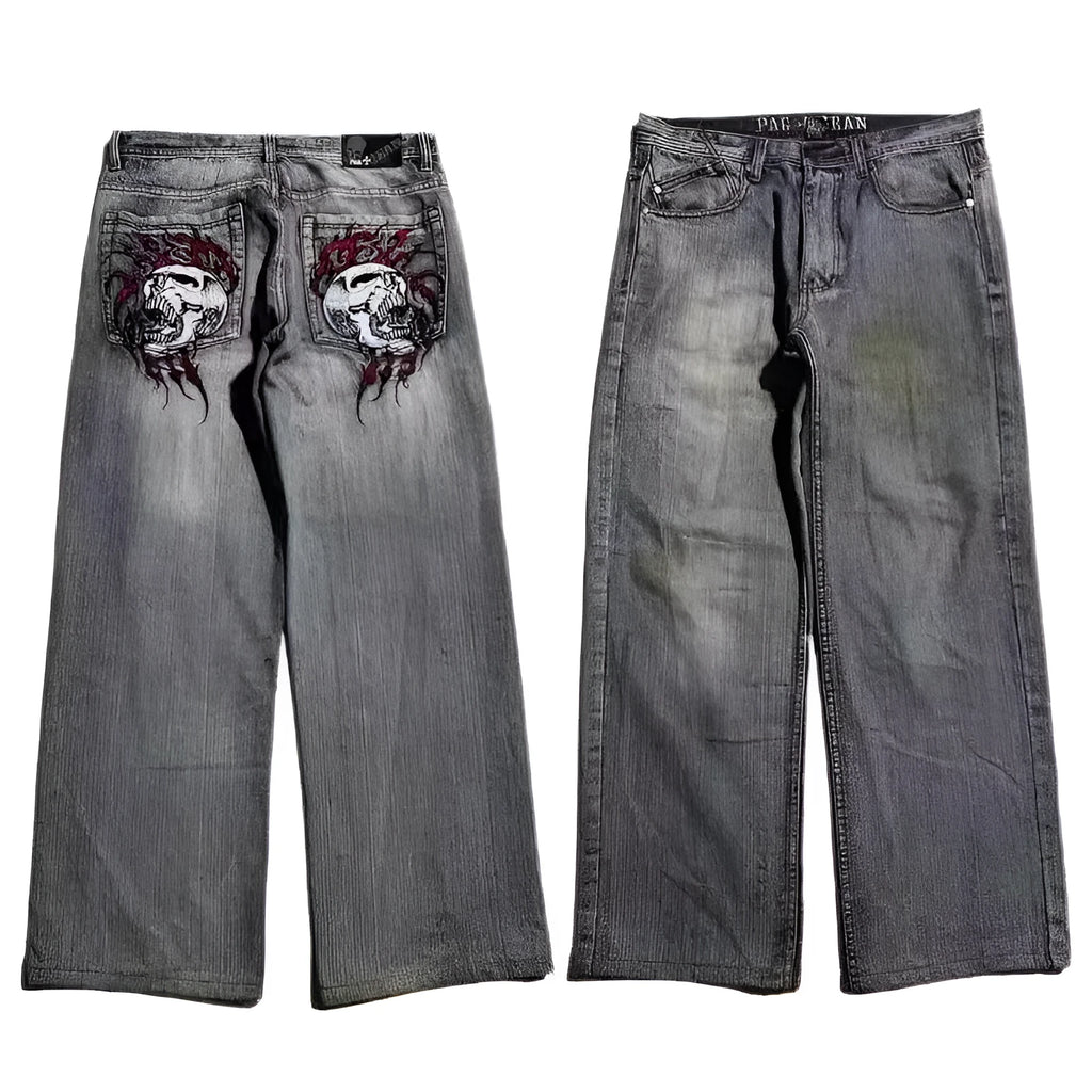 Grey washed-out wide-leg straight jeans on a mid-waist mannequin, showing zipper fly and relaxed fit.