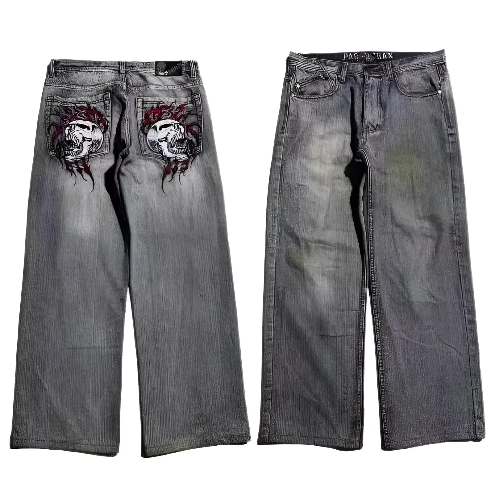 Grey washed-out wide-leg straight jeans on a mid-waist mannequin, showing zipper fly and relaxed fit.