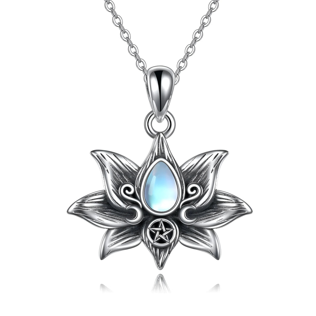 Sterling silver moonstone lotus flower pendant necklace, retro silver finish, teardrop moonstone, calendered O-chain