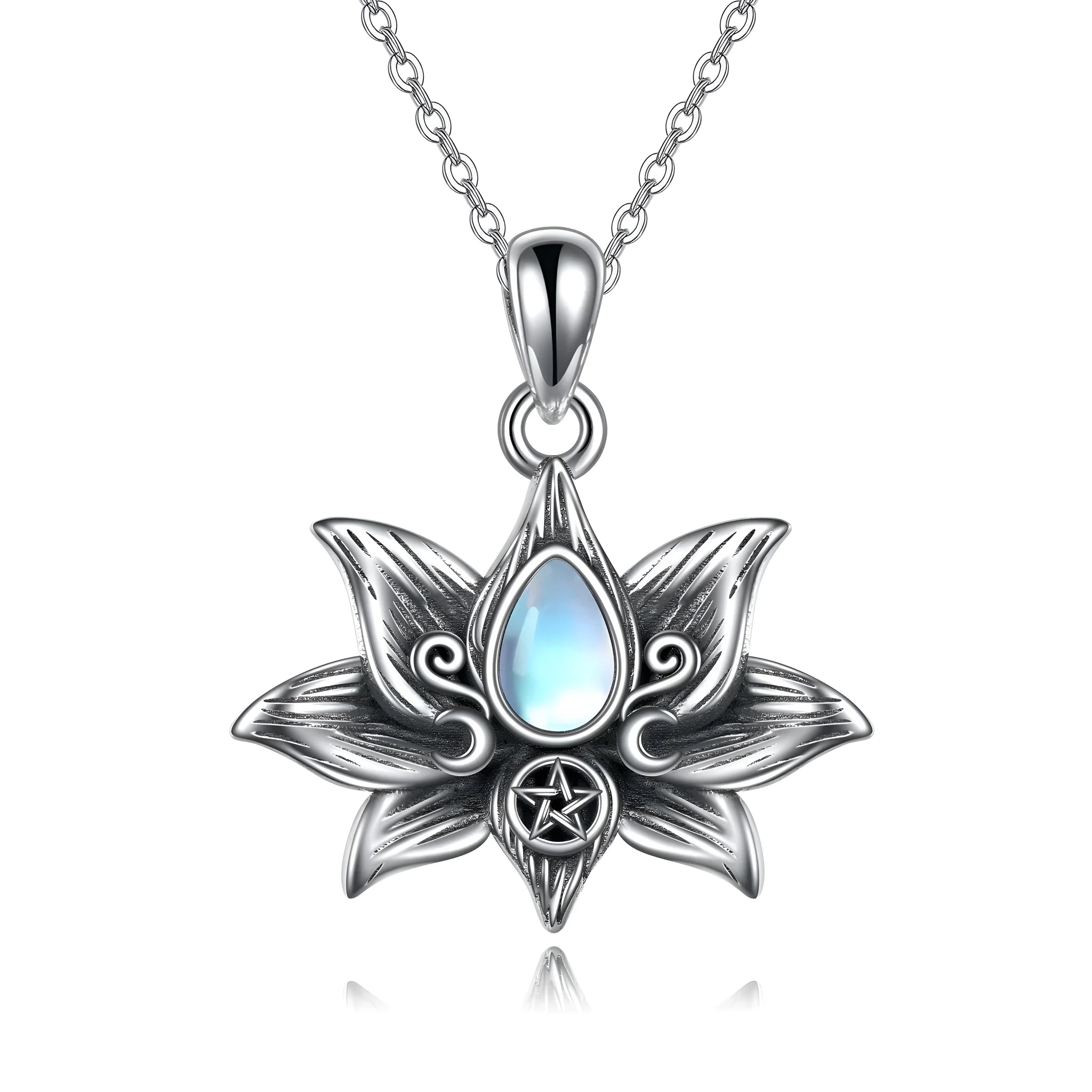 Sterling silver moonstone lotus flower pendant necklace, retro silver finish, teardrop moonstone, calendered O-chain