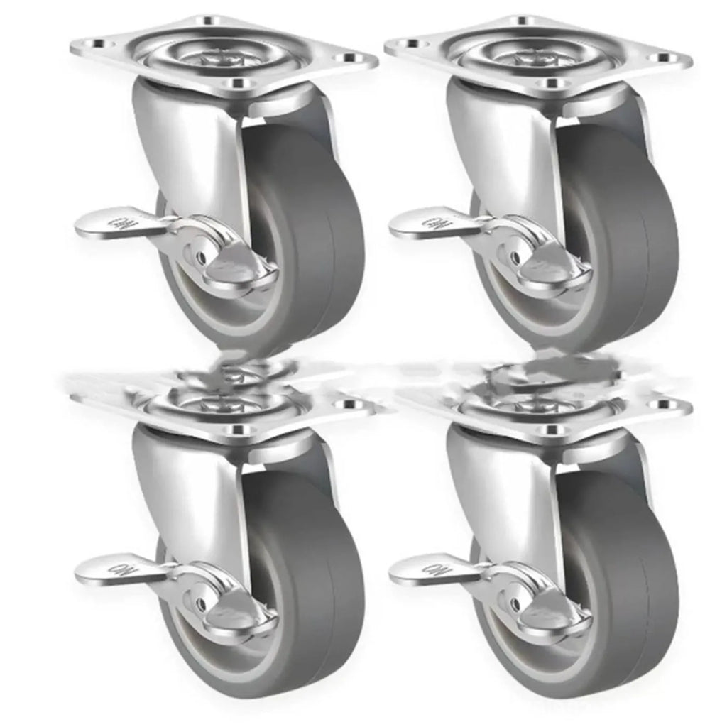 Set of 4 metal light industrial casters with TPR wheels, 50mm diameter, including one brake caster