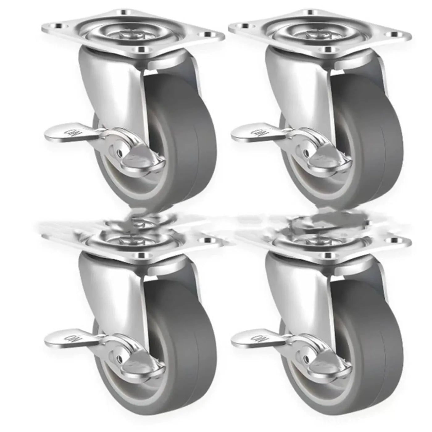 Set of 4 metal light industrial casters with TPR wheels, 50mm diameter, including one brake caster