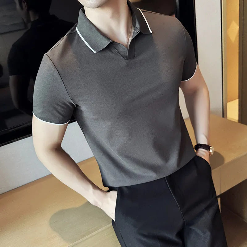 Men's short sleeve polo shirt with lapel collar in a cotton blend fabric, shown in multiple colour options.