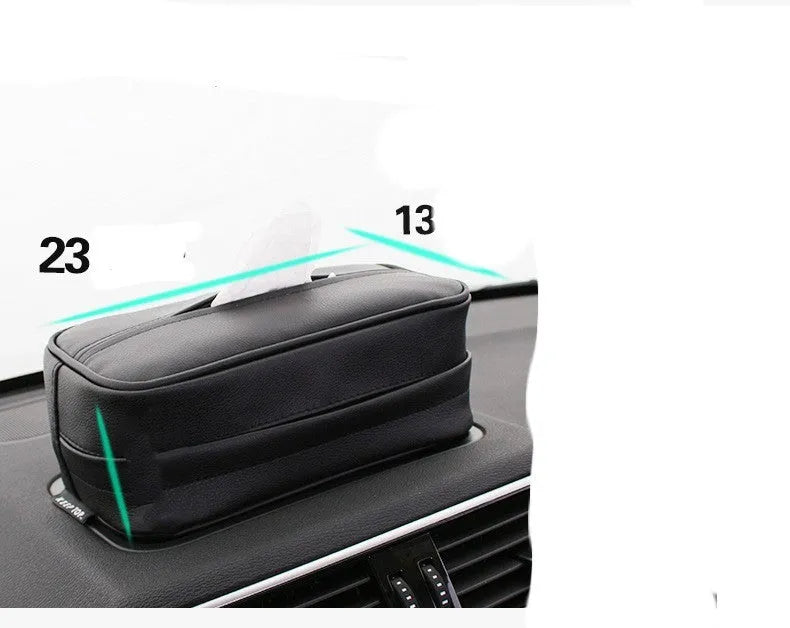 Black PU leather hanging organiser bag for car storage with dimensions 230mm x 110mm x 90mm.