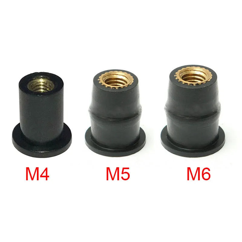 Brass motorcycle windshield nuts with black rubber expansion sleeves in three metric sizes