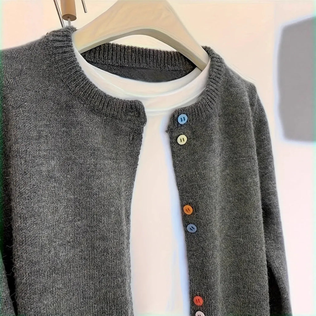 Dark grey women's button-front cardigan sweater with long sleeves.