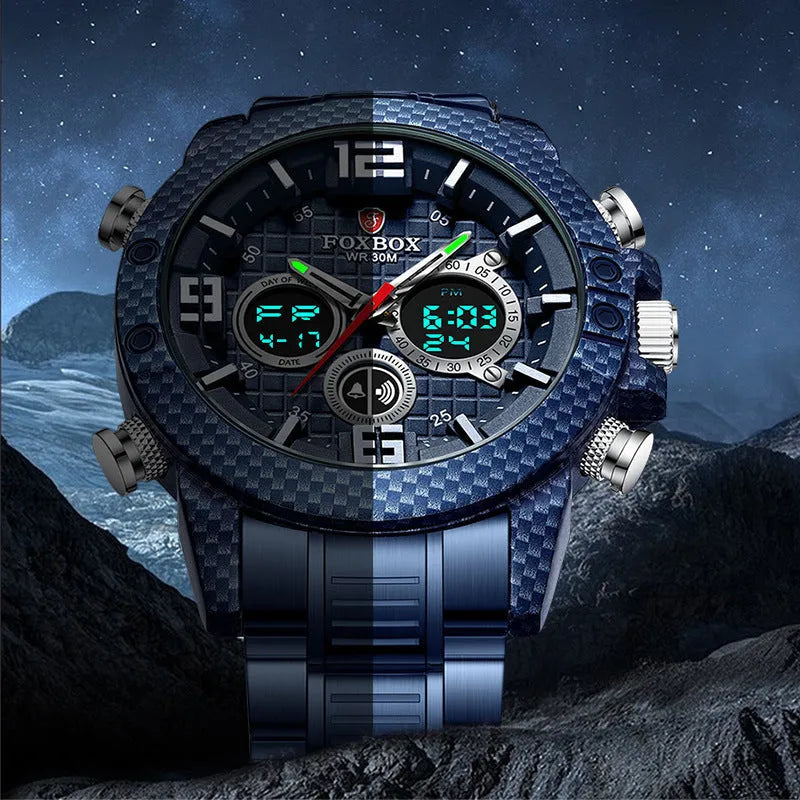 Dual display electronic watch with pointer and number, luminous dial, 44mm alloy case, black option