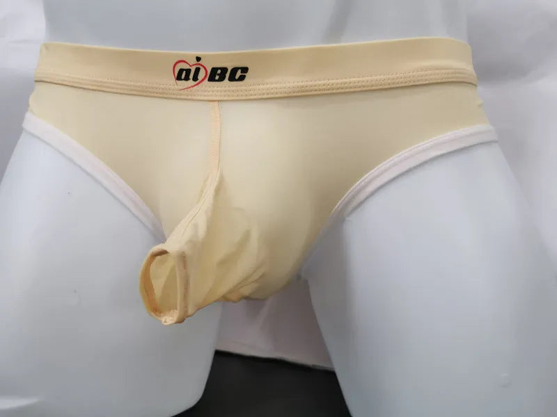 Men's thin ice silk bazooka briefs in multiple colours on a mid waist model.