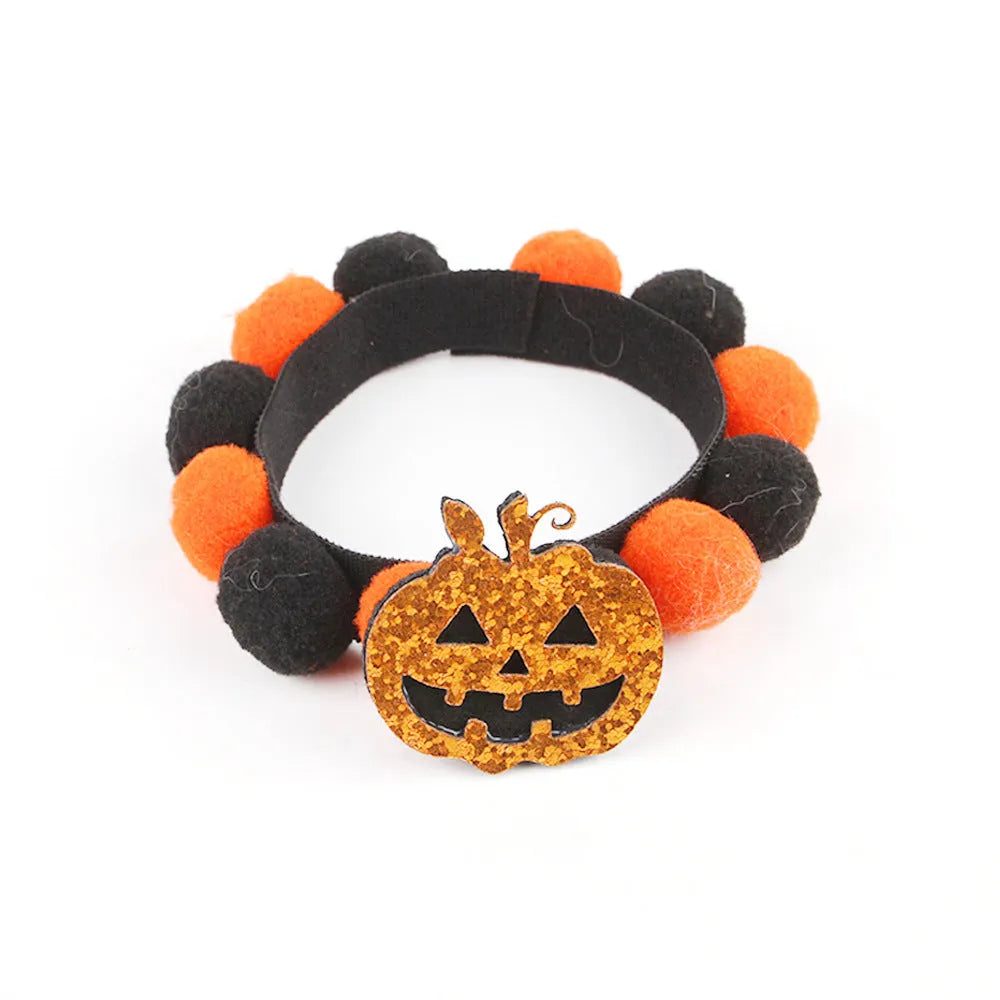 Halloween pet fur ball collar in six designs including pumpkin, skull, and witch themes