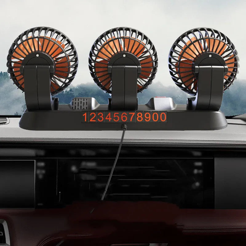 Three-head 12V 24V automotive electric cooling fan with cigarette lighter and USB plugs on a 1.3m cable.