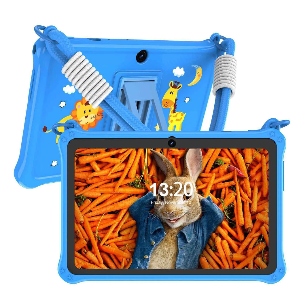 Sapphire blue silicone protective case for a 7-inch children's tablet showing the flat strap attachment point.