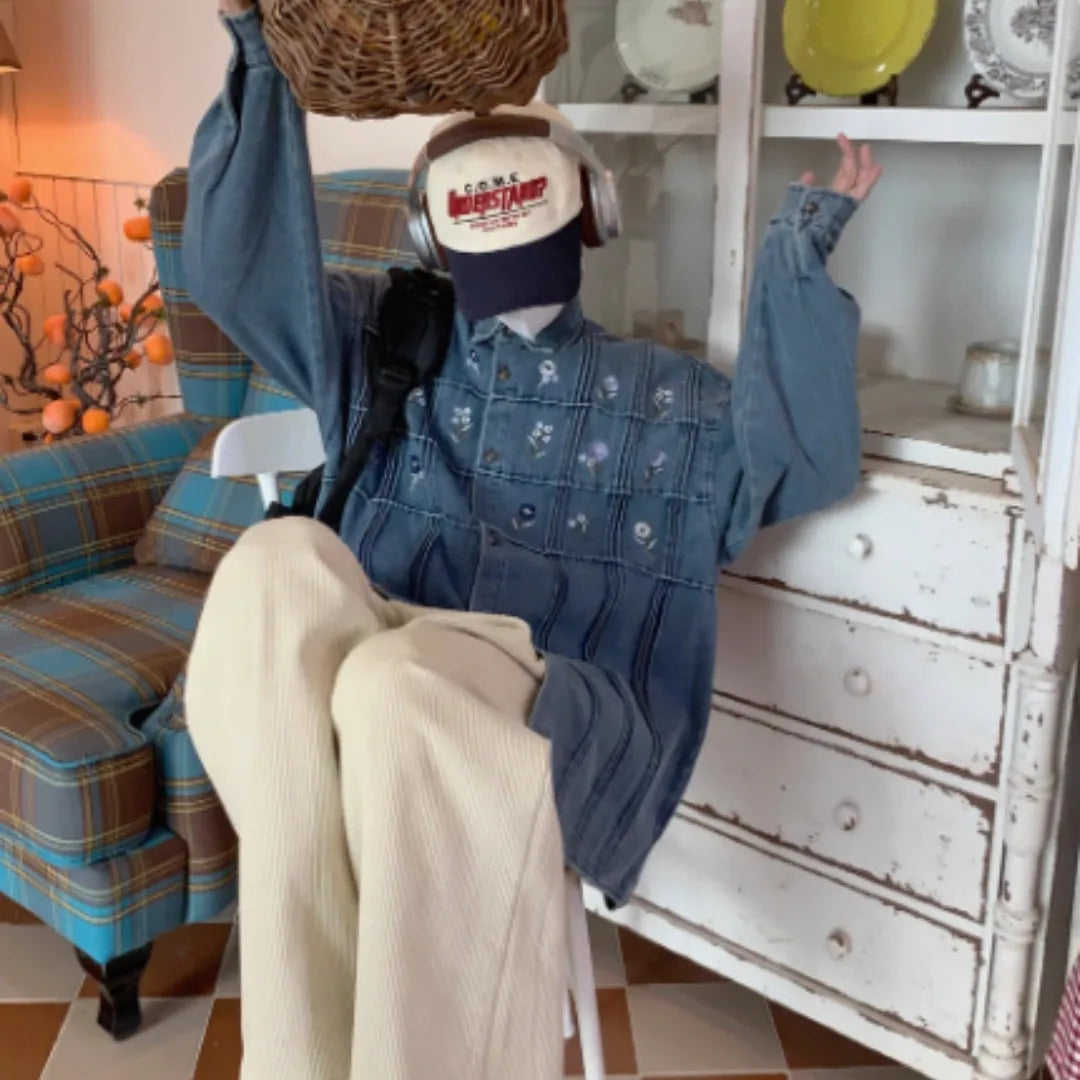 Vintage washed denim shirt with small floral pleats in washed blue colour