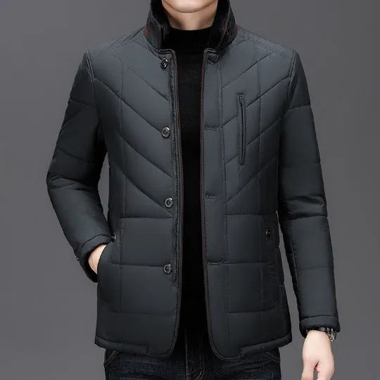 Men's winter short coat in dark blue colour with side seam pockets