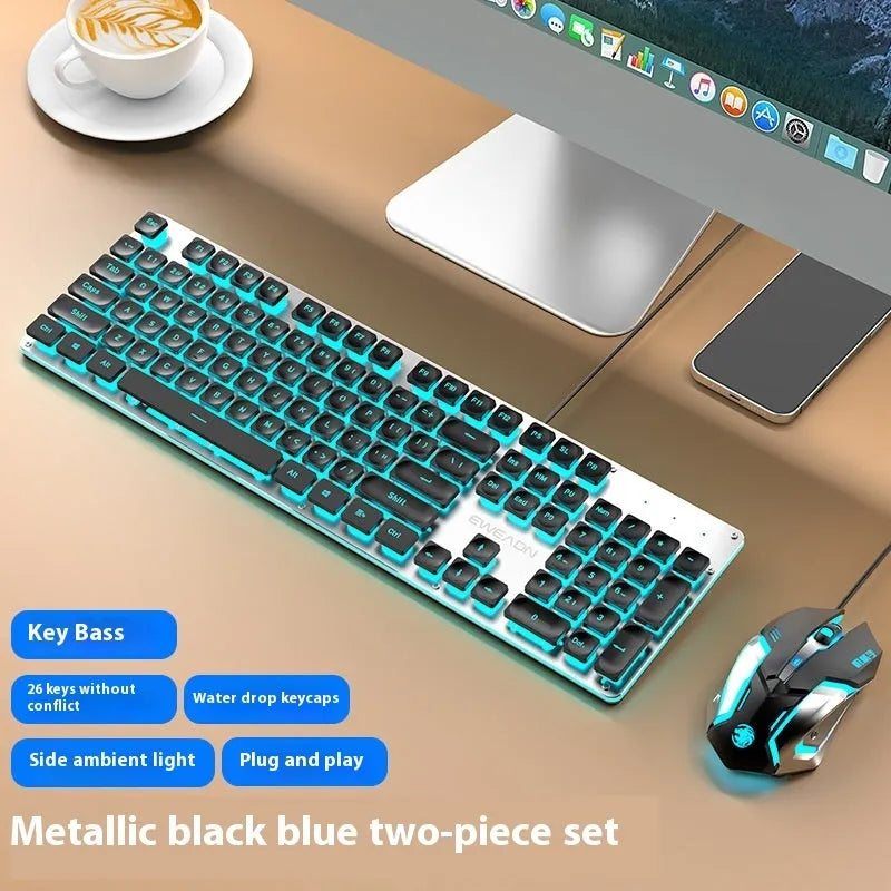 Mute mechanical keyboard with LED lighting and matching wired mouse in silver white blue colour combination