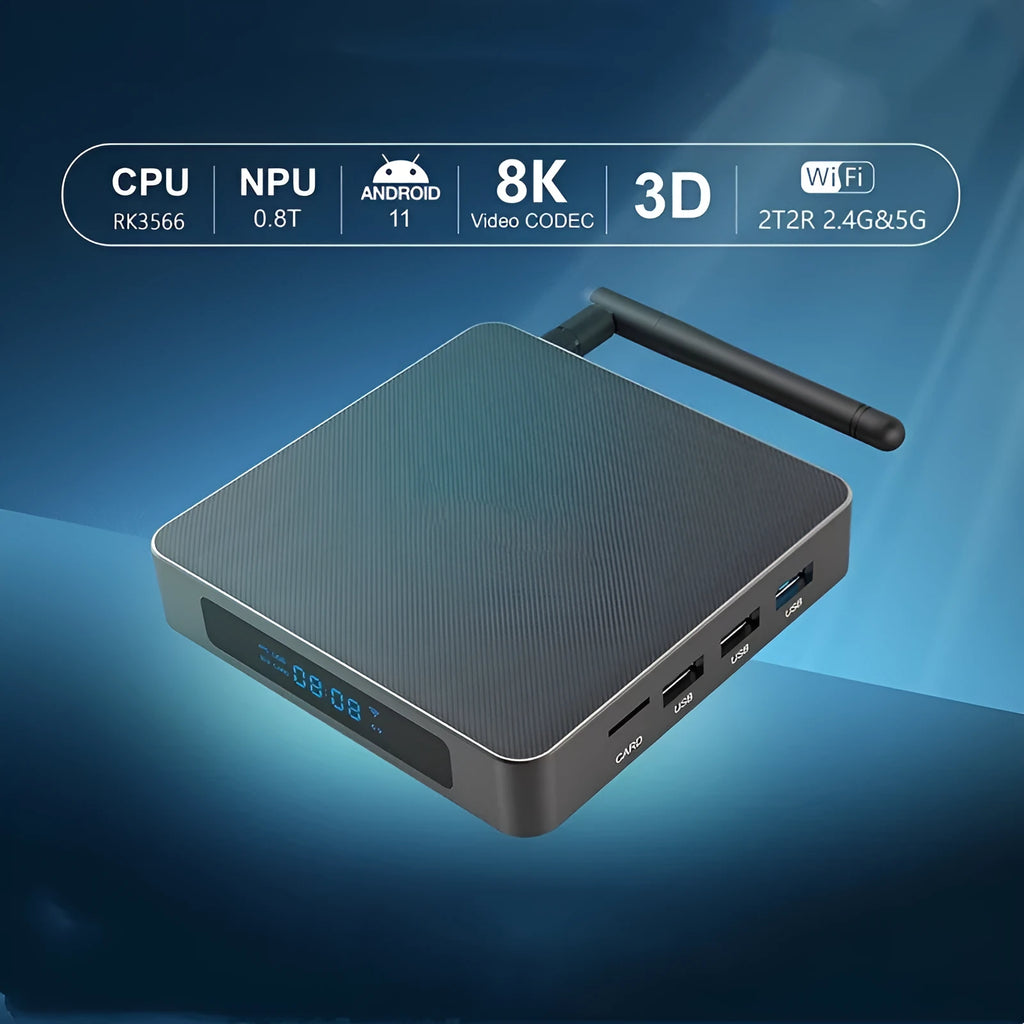 Android 8K set-top box with RK3566 processor, compact 105mm design, HDMI output