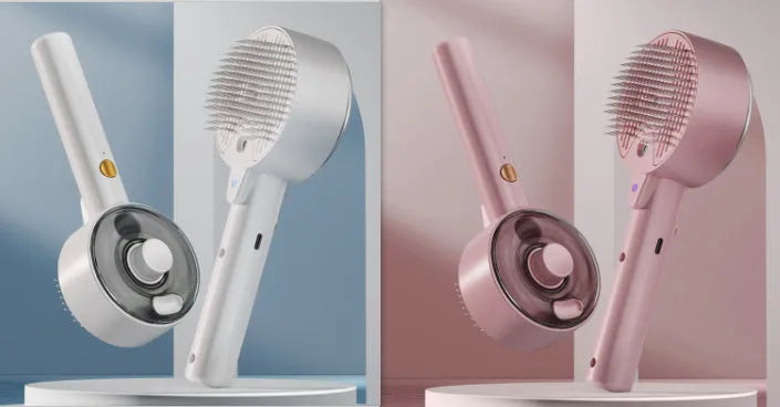 Ceramic white rechargeable pet grooming brush with UVC light and misting function on a dog's coat.
