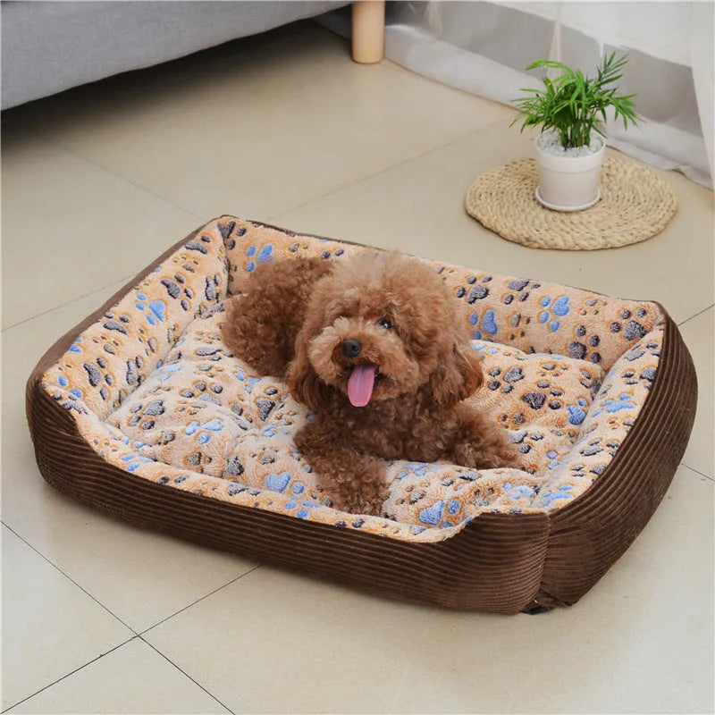 Soft plush dog bed with raised edges in beige colour showing sofa-style design for small pets