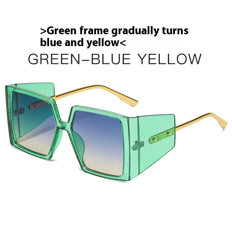 A pair of large square frame sunglasses on a white background, showing the oversized silhouette.