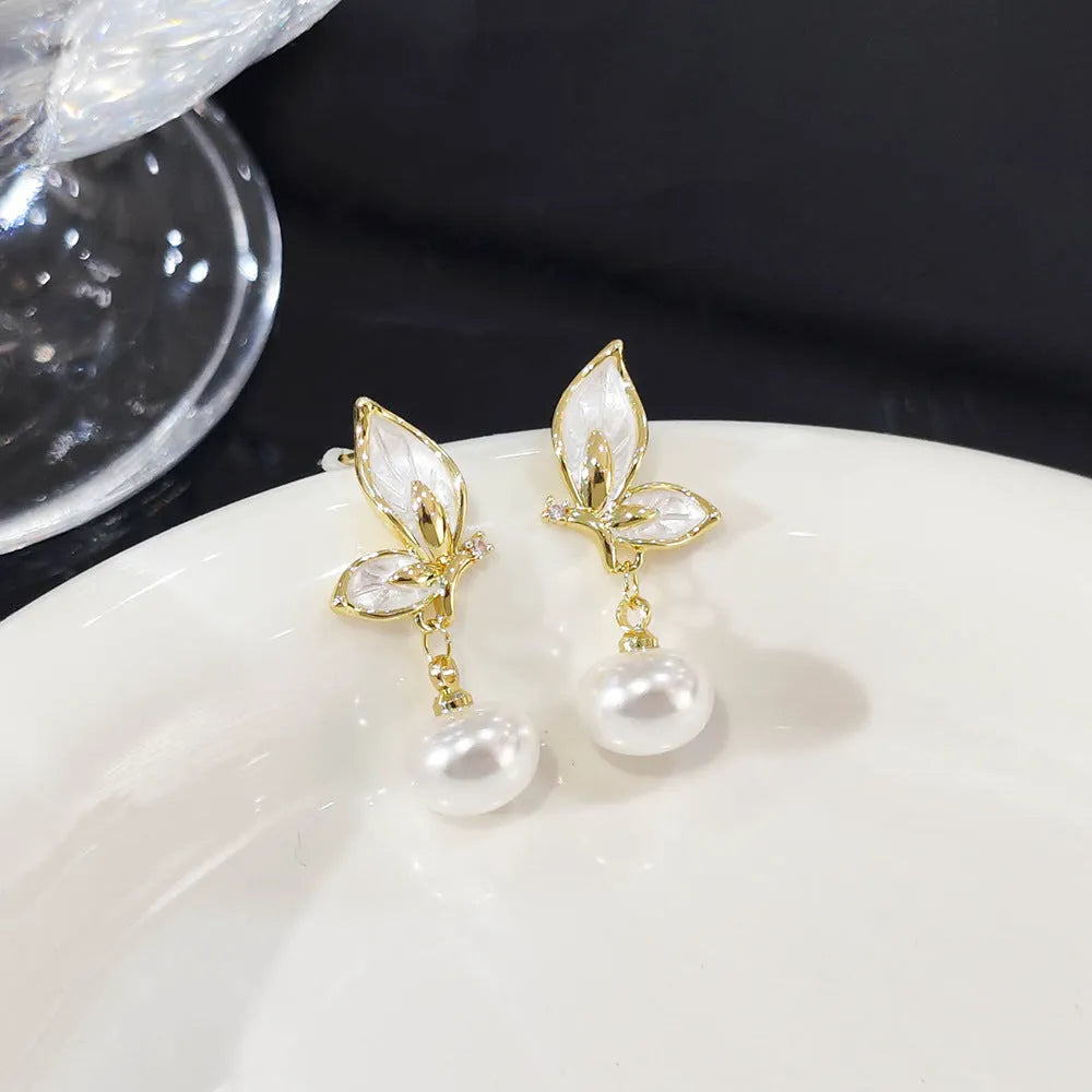Women's simple copper butterfly earrings with zircon painting oil finish, colour PT0203.