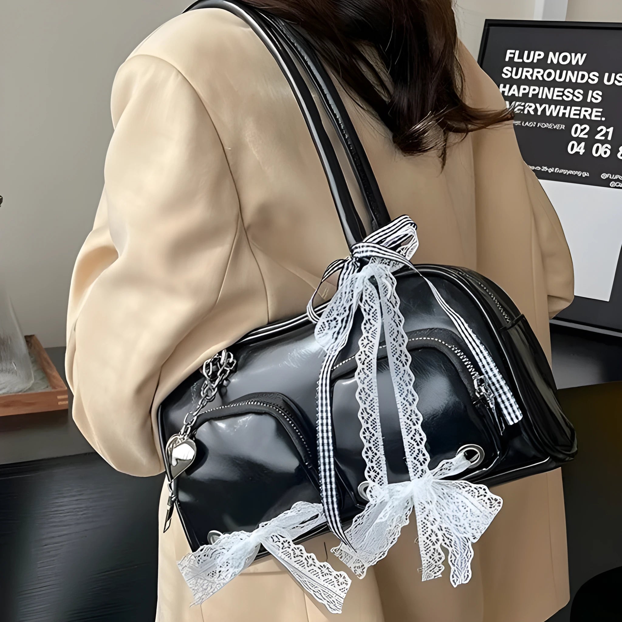 Women's large capacity PU shoulder bag in horizontal square shape with mobile phone pocket