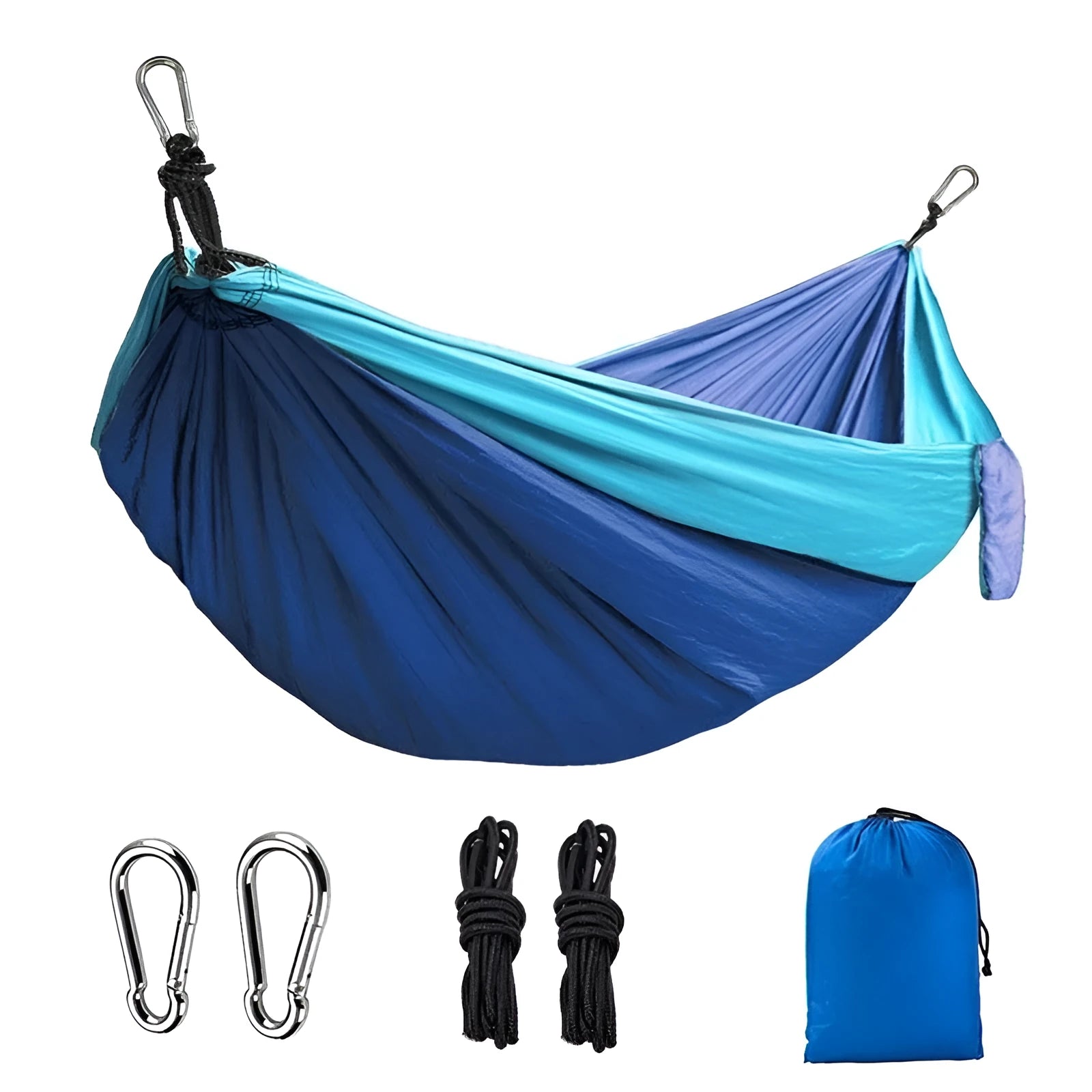 Blue parachute nylon camping hammock hung between two trees, showing its full 270cm length.