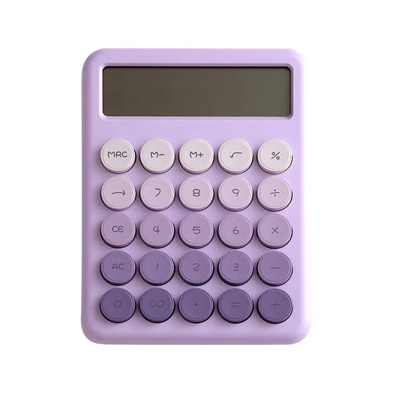 Gradient colour desk calculator showing violet, pink, blue, and green shades on an ABS plastic casing.