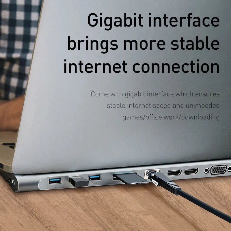 Grey ten-port USB C docking station with HDMI, VGA, Gigabit network, and cooling bracket