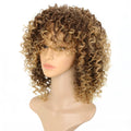Front lace wig with long curly hair in light gold colour, showing elastic mesh cap and high temperature silk material.