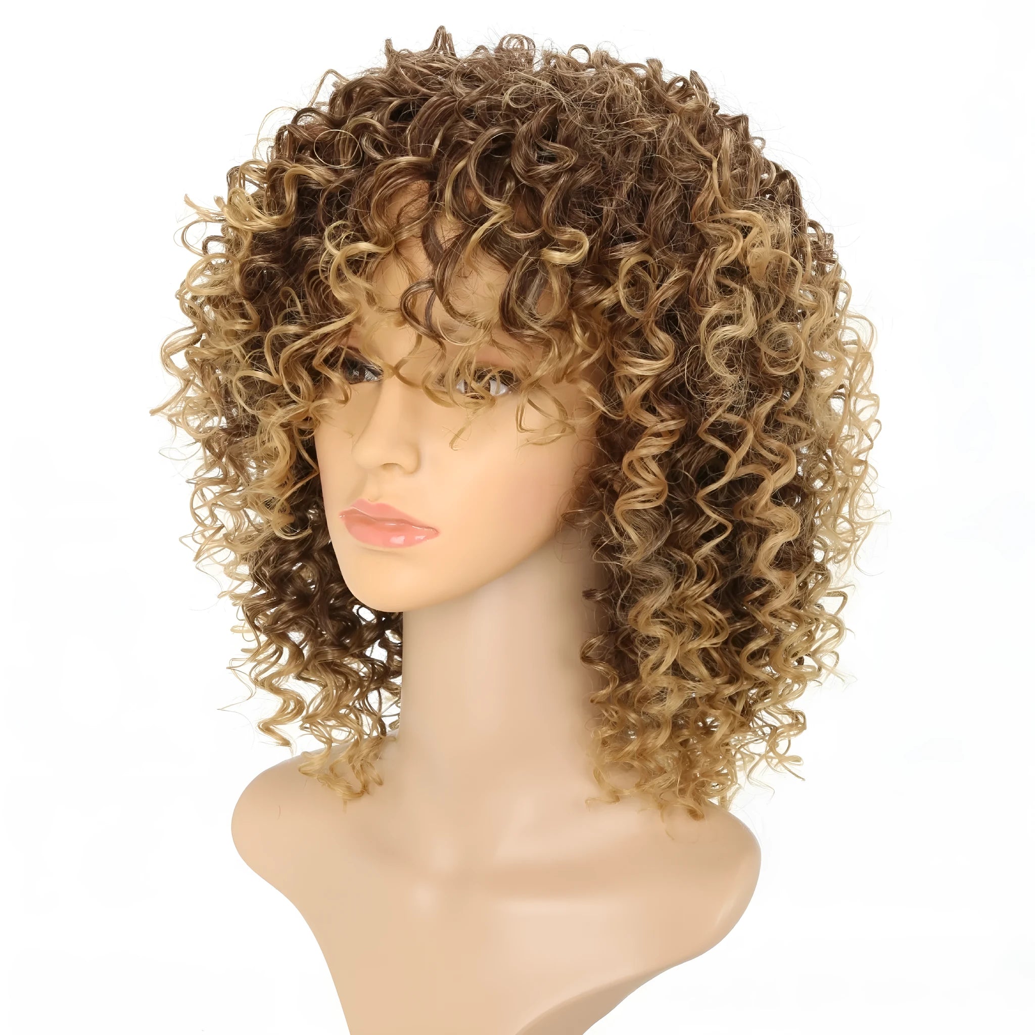 Front lace wig with long curly hair in light gold colour, showing elastic mesh cap and high temperature silk material.