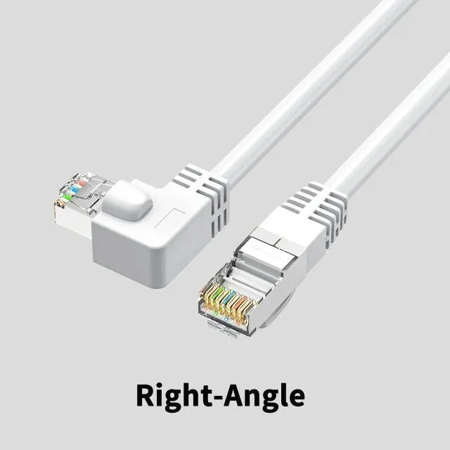 Cat6 Ethernet cable with right-angled metal RJ45 connectors in various colours including black, white, orange, and yellow.