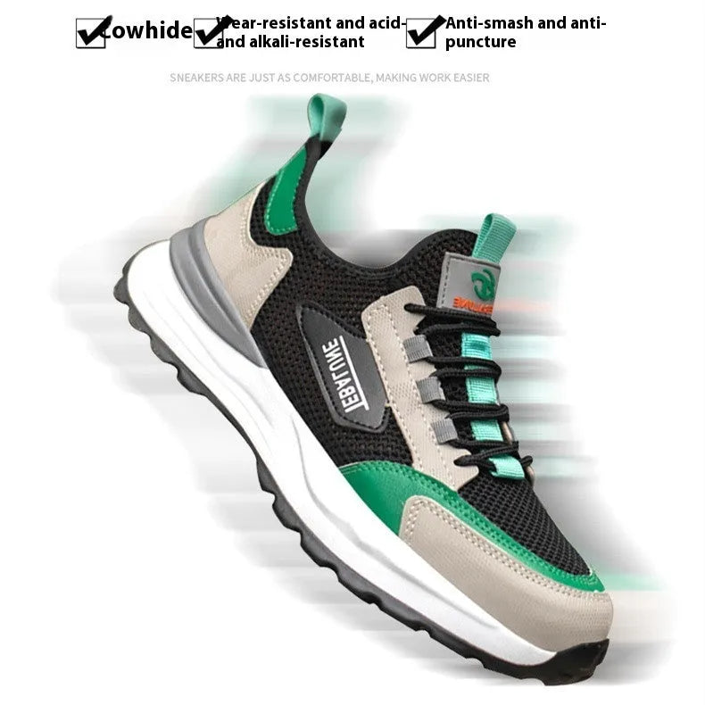 Black green safety shoes with mesh uppers and plastic steel toe cap