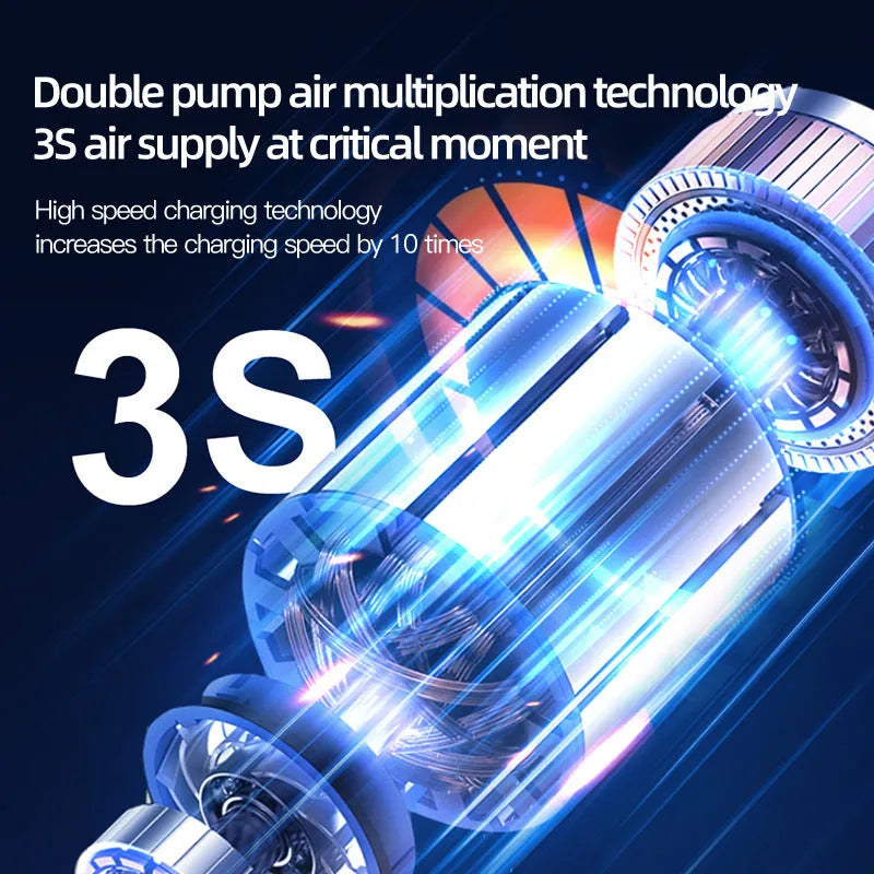 Black wireless portable car air pump with digital display, 6000mAh battery, and accessories including nozzles and carry bag