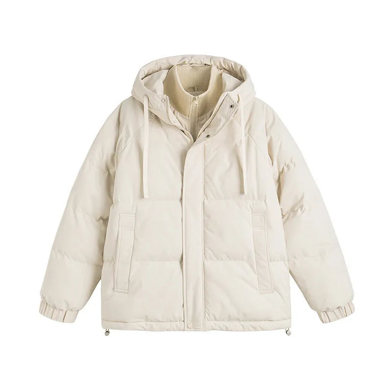 Loose beige two-piece cotton-padded cardigan jacket for men and women with side pockets.