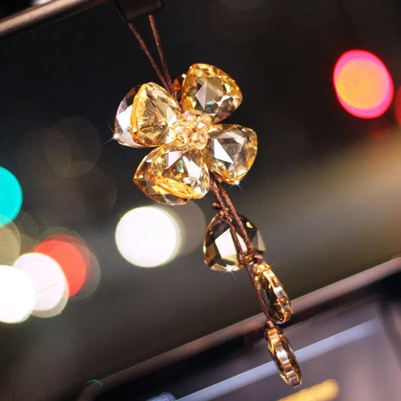 Crystal four leaf grass car interior pendant hanging from rear view mirror