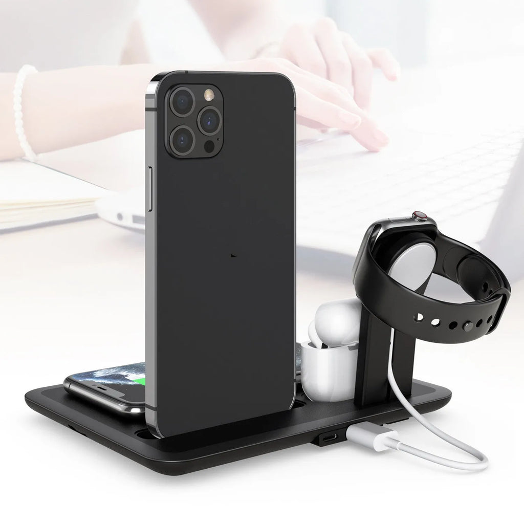 Black and white wireless charging desk station for phone, watch and headphones