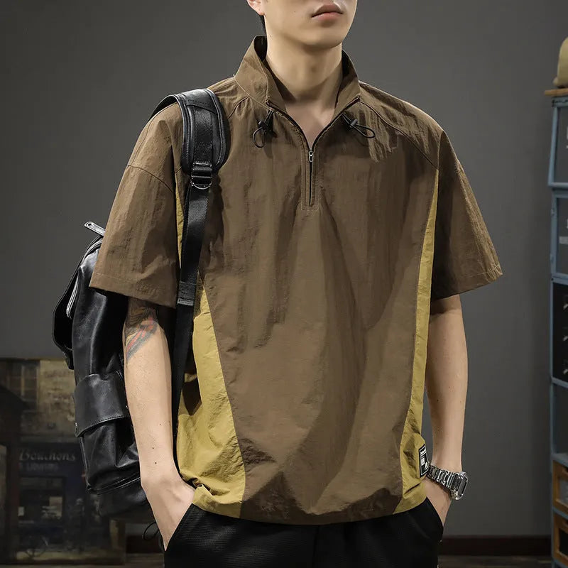 Men's brown half-zipped stand collar short sleeve casual shirt made from Ice Silk fabric.
