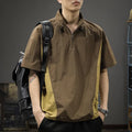 Men's brown half-zipped stand collar short sleeve casual shirt made from Ice Silk fabric.