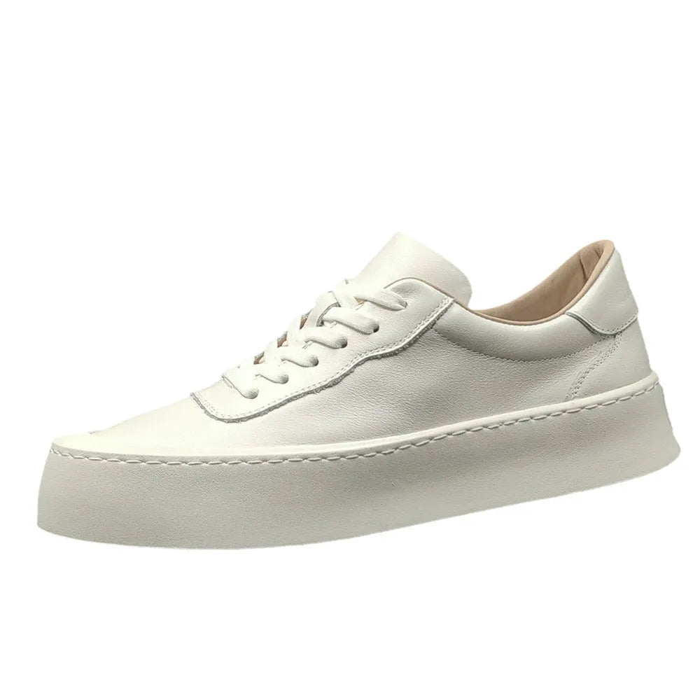 Men's white cowhide platform board shoes with thick rubber sole and round toe design