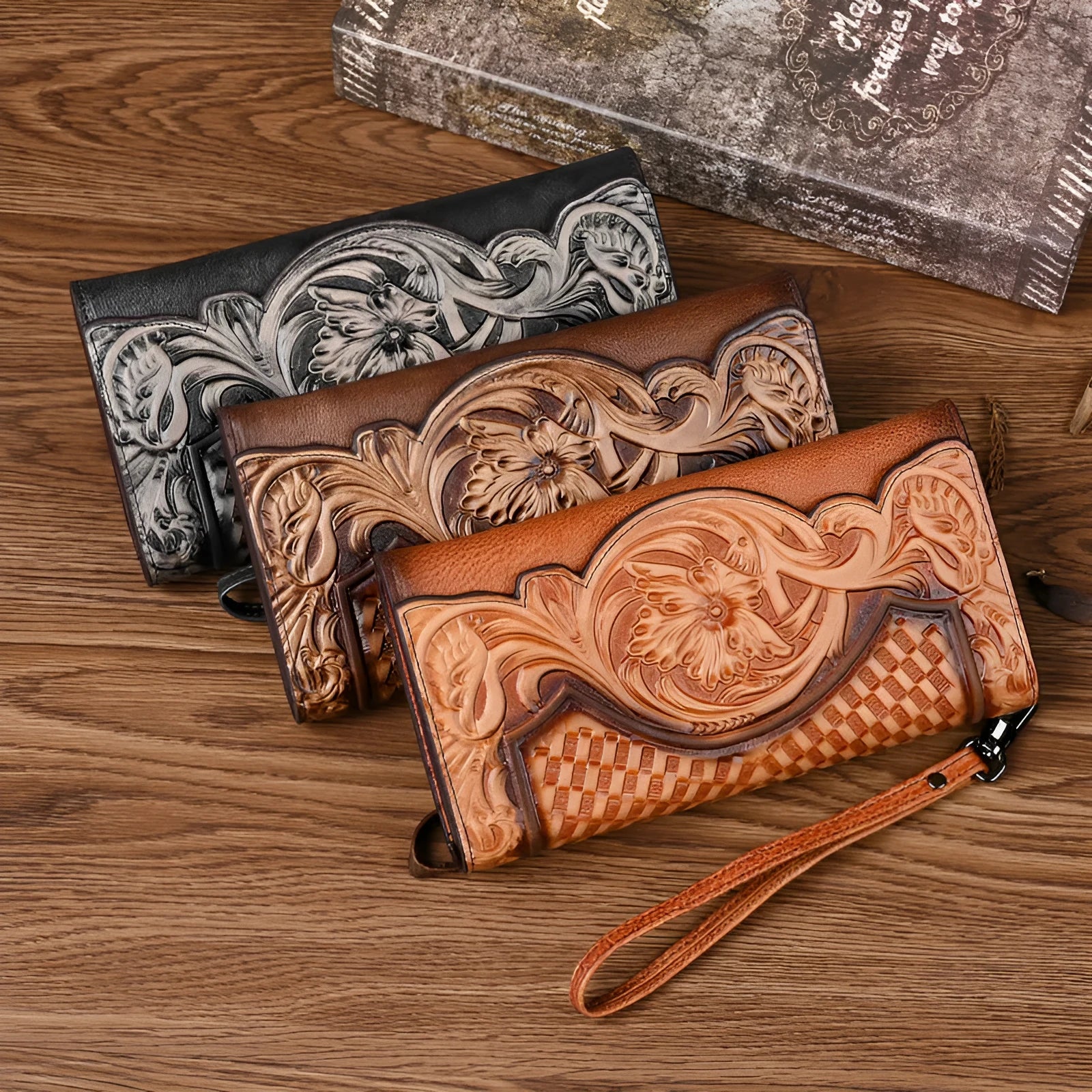 Chinese style brown leather tri-fold wallet with a floral embossed pattern, shown open to reveal compartments.